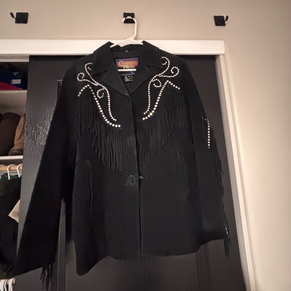 Black leather suede  Fringe Jacket with Embellishments